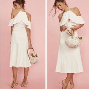 LPA MIDI Ruffle Sleeves Off Shoulders Dress in Off White Size S